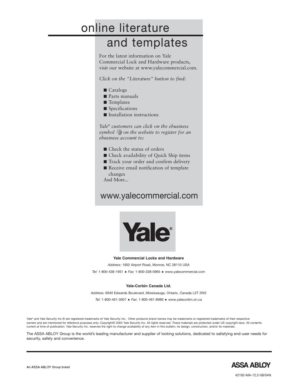 Online literature and templates | Yale MORTISE 8800 SERIES User Manual | Page 54 / 54