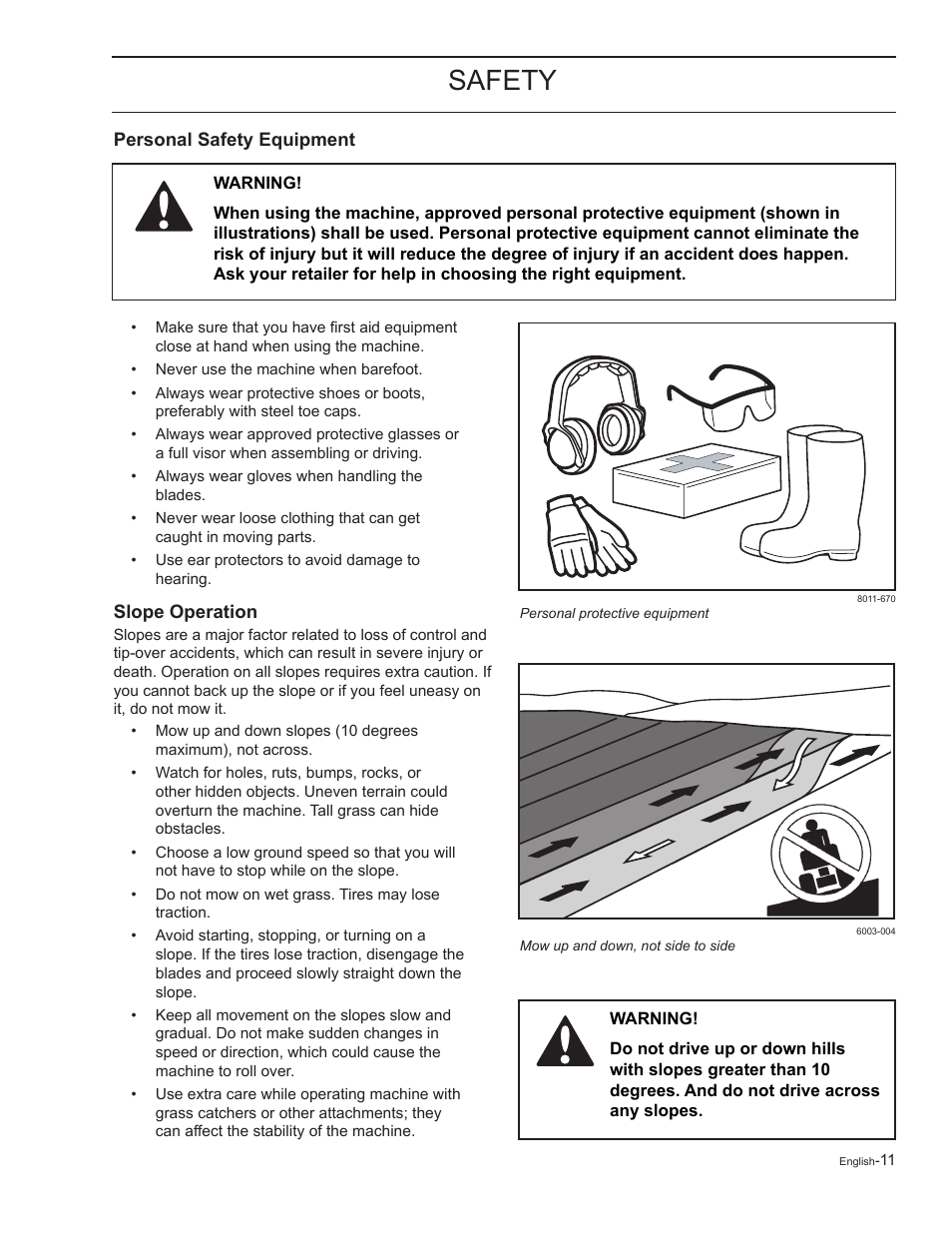 Personal safety equipment, Slope operation, Safety | Yazoo/Kees 968999727 User Manual | Page 11 / 76