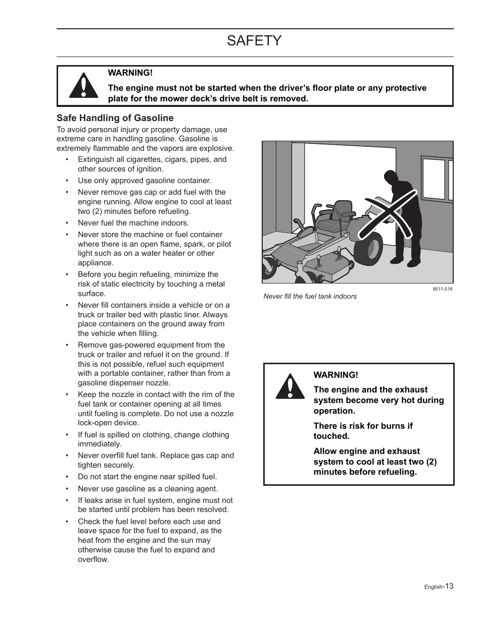 Safe handling of gasoline, Safety | Yazoo/Kees 968999727 User Manual | Page 13 / 76