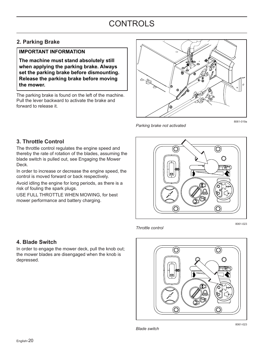 Parking brake, Throttle control, Blade switch | Controls | Yazoo/Kees 968999727 User Manual | Page 20 / 76