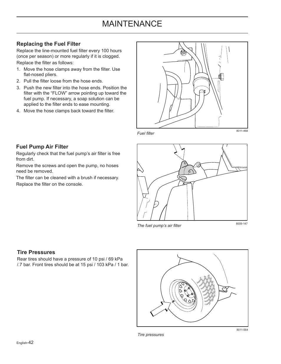 Replacing the fuel filter, Tire pressures, Maintenance | Yazoo/Kees 968999727 User Manual | Page 42 / 76