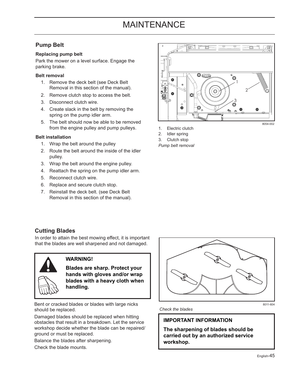 Pump belt, Cutting blades, Maintenance | Yazoo/Kees 968999727 User Manual | Page 45 / 76