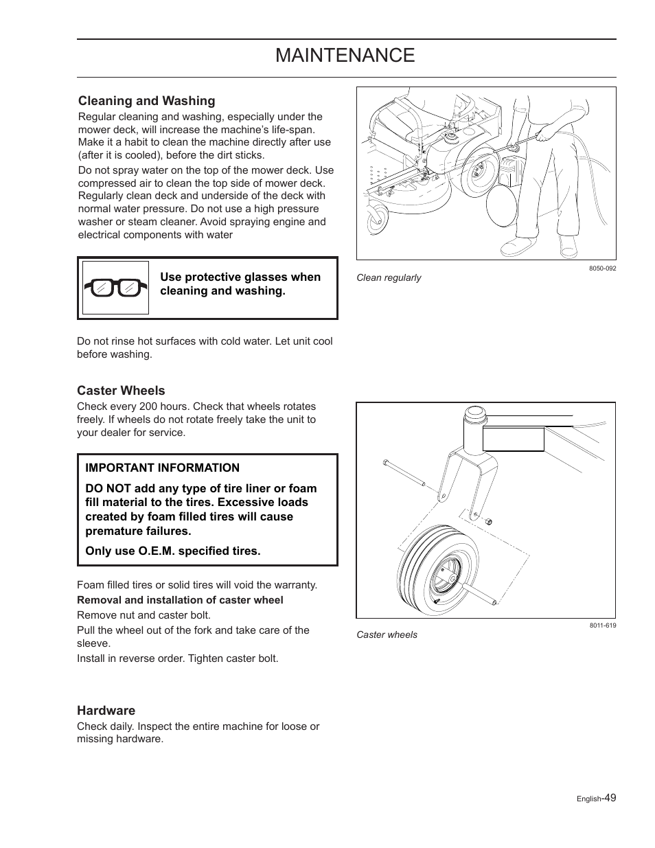 Cleaning and washing, Caster wheels, Hardware | Maintenance | Yazoo/Kees 968999727 User Manual | Page 49 / 76
