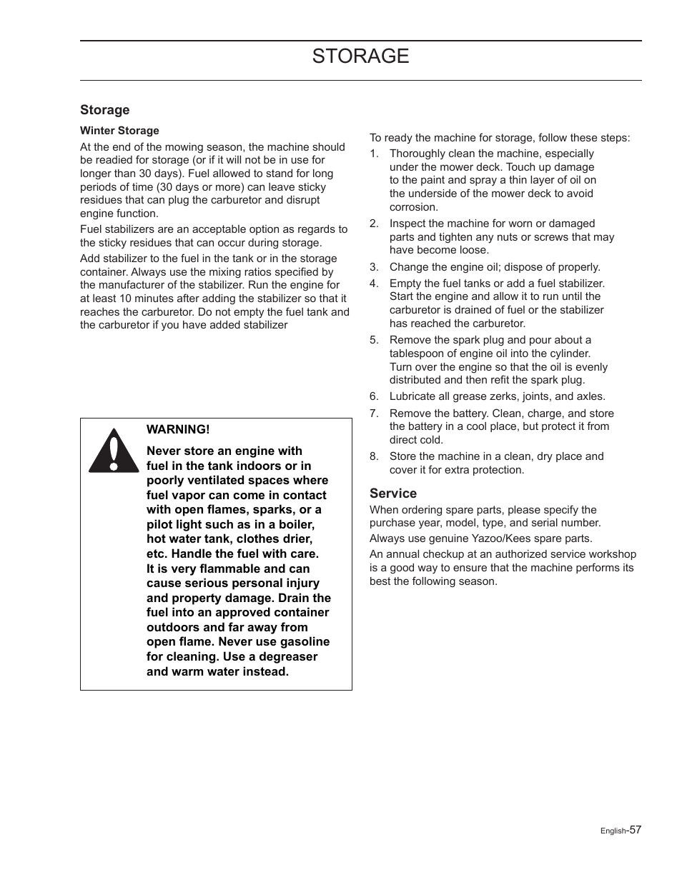 Storage, Winter storage, Service | Yazoo/Kees 968999727 User Manual | Page 57 / 76