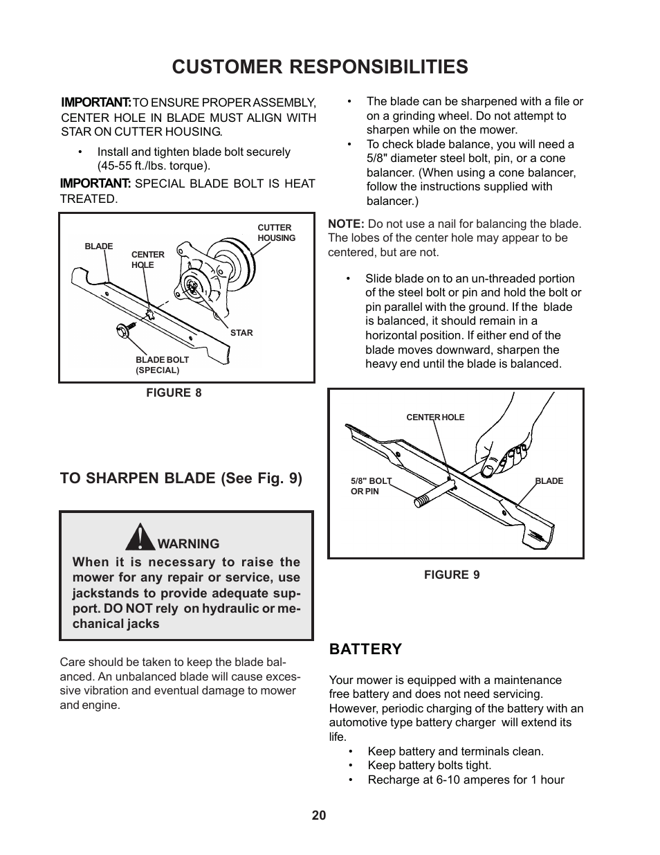 Customer responsibilities, Battery | Yazoo/Kees ZCBI48180 User Manual | Page 20 / 34