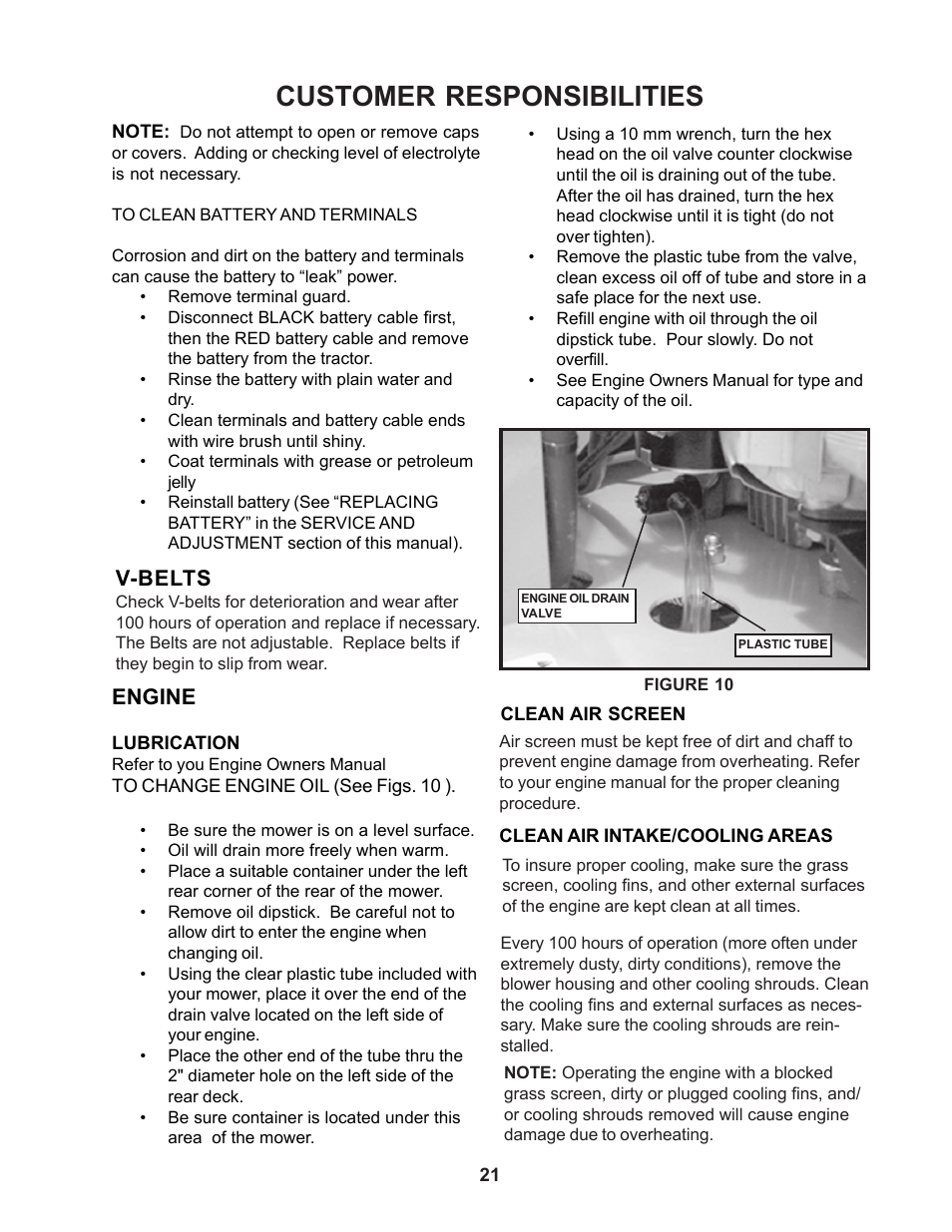 Customer responsibilities, V-belts, Engine | Yazoo/Kees ZCBI48180 User Manual | Page 21 / 34