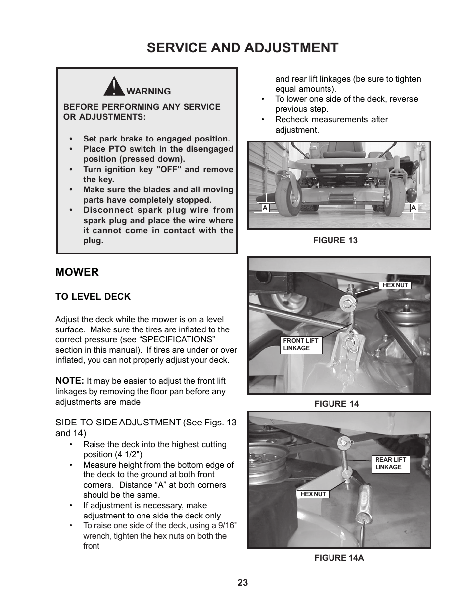 Service and adjustment, Mower | Yazoo/Kees ZCBI48180 User Manual | Page 23 / 34