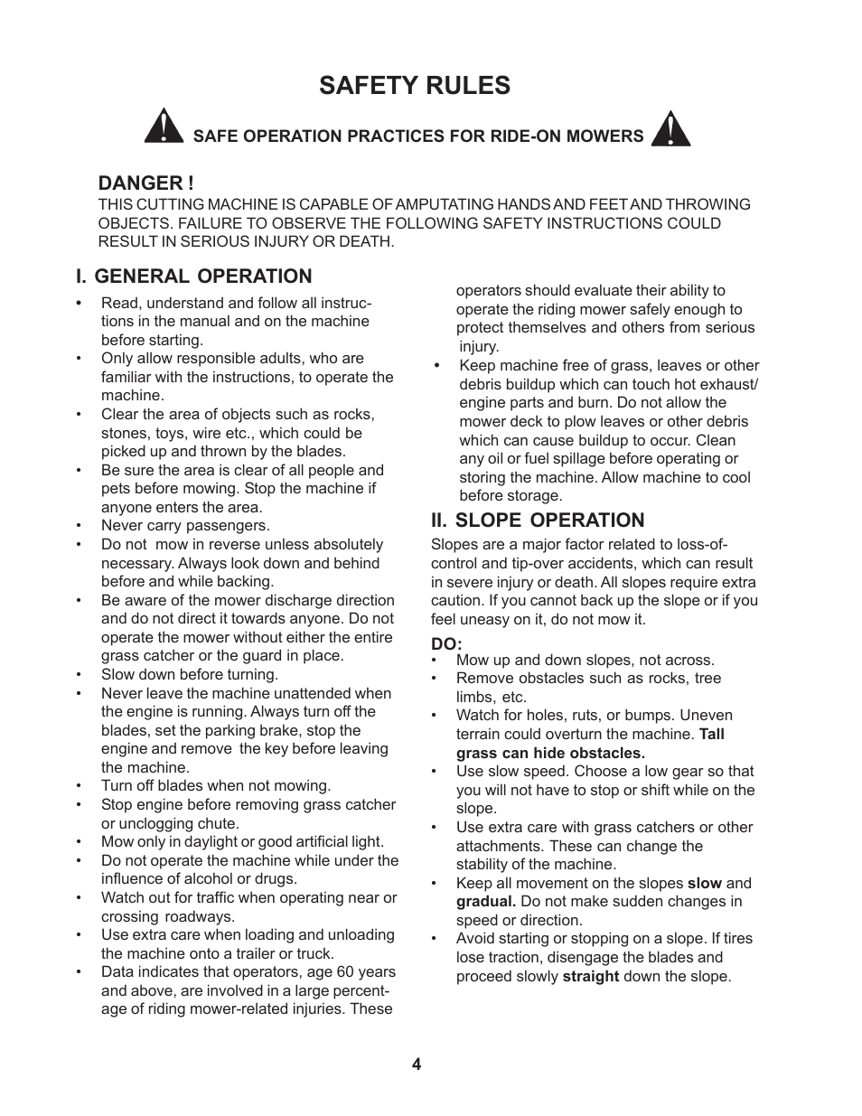 Safety rules, Danger, I. general operation | Ii. slope operation | Yazoo/Kees ZCBI48180 User Manual | Page 4 / 34