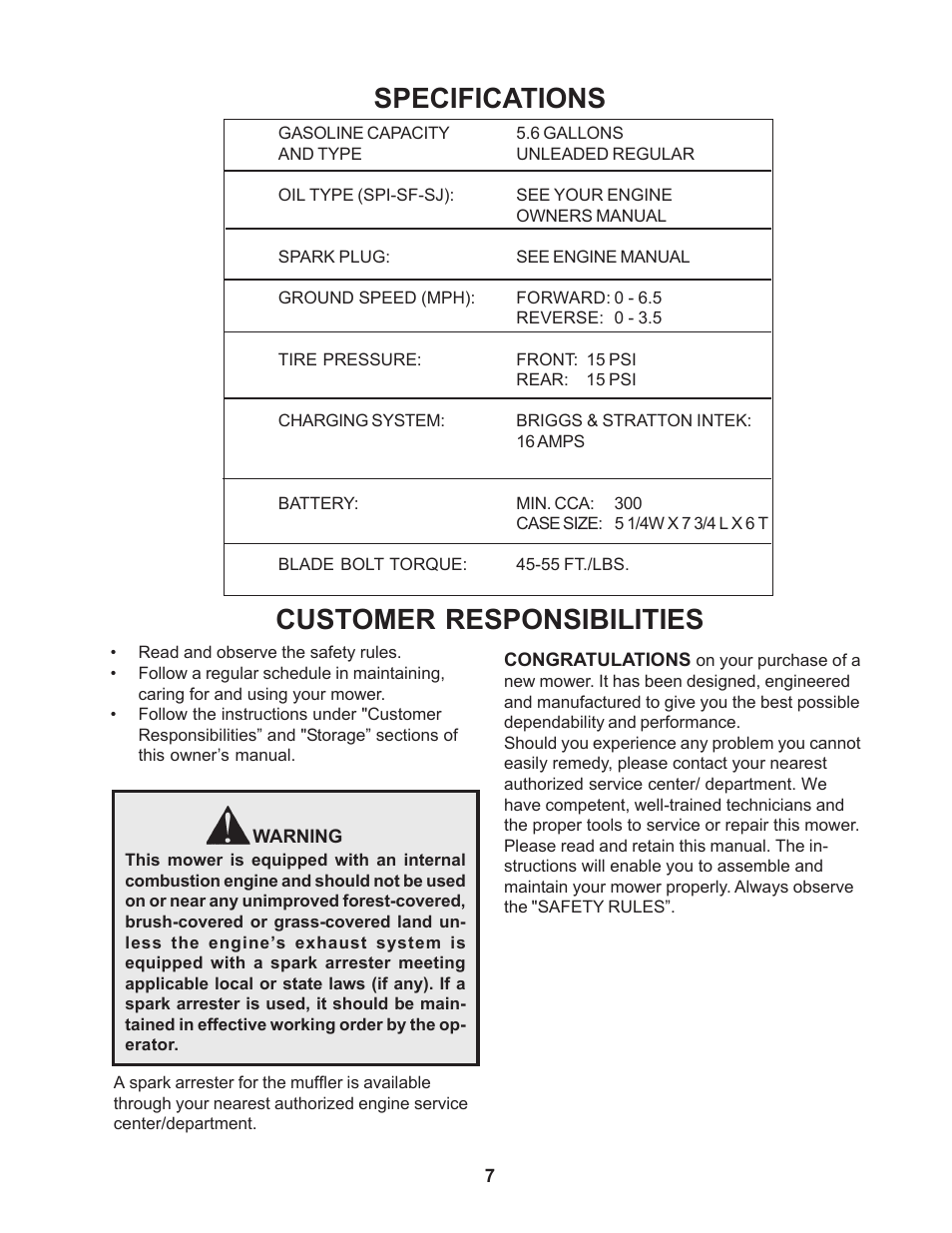 Specifications, Customer responsibilities | Yazoo/Kees ZCBI48180 User Manual | Page 7 / 34