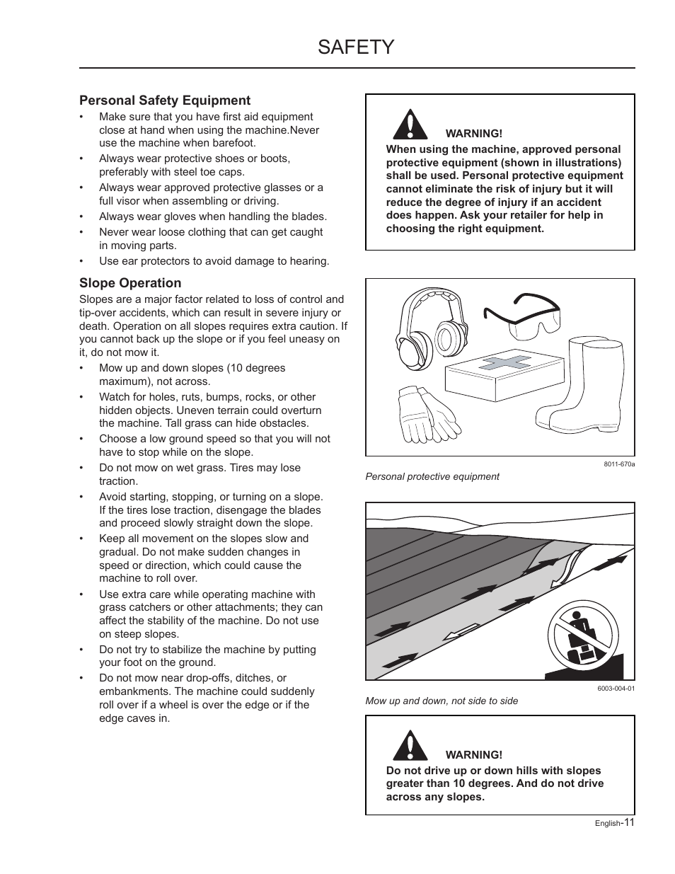 Personal safety equipment, Slope operation, Safety | Yazoo/Kees ZMKW48172 User Manual | Page 11 / 68
