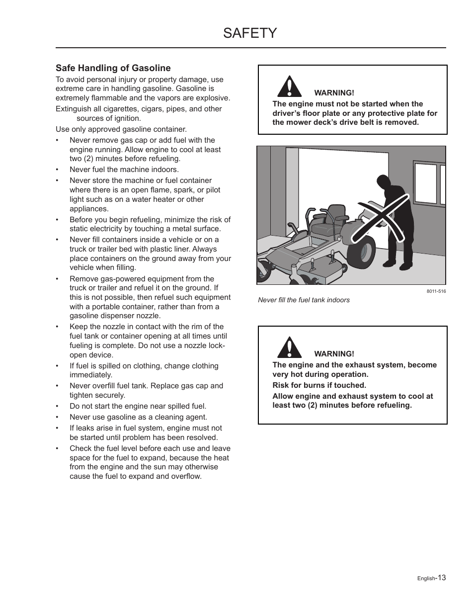 Safe handling of gasoline, Safety | Yazoo/Kees ZMKW48172 User Manual | Page 13 / 68