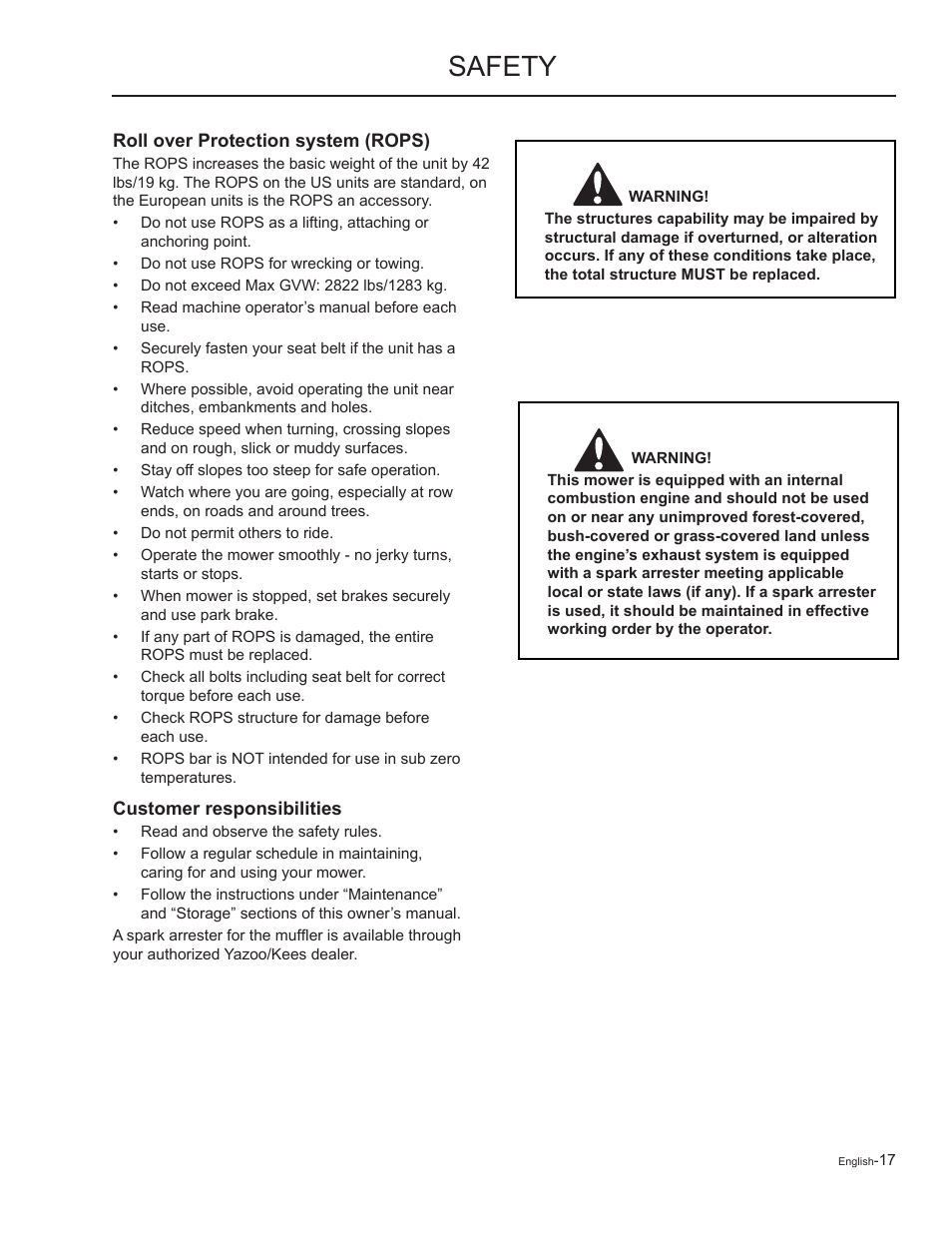Roll over protection system (rops), Customer responsibilities, Safety | Yazoo/Kees ZMKW48172 User Manual | Page 17 / 68