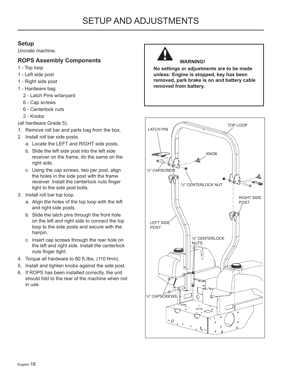 Setup and adjustments, Setup, Rops assembly components | Yazoo/Kees ZMKW48172 User Manual | Page 18 / 68