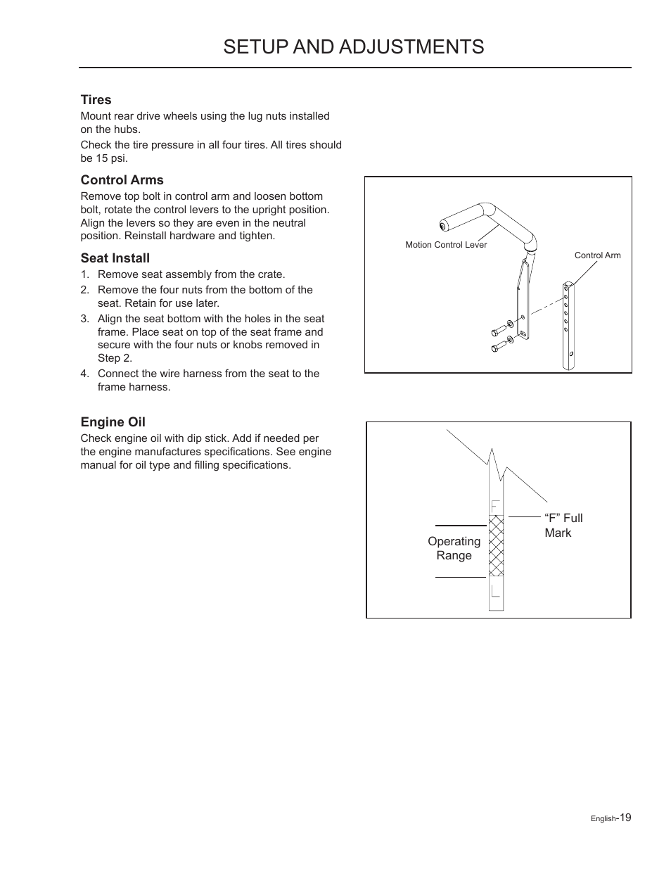 Tires, Control arms, Seat install | Engine oil, Setup and adjustments | Yazoo/Kees ZMKW48172 User Manual | Page 19 / 68