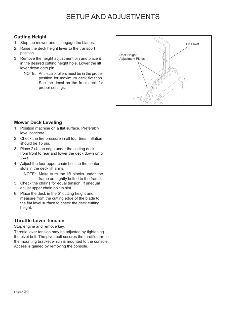 Cutting height, Mower deck leveling, Throttle lever tension | Setup and adjustments | Yazoo/Kees ZMKW48172 User Manual | Page 20 / 68