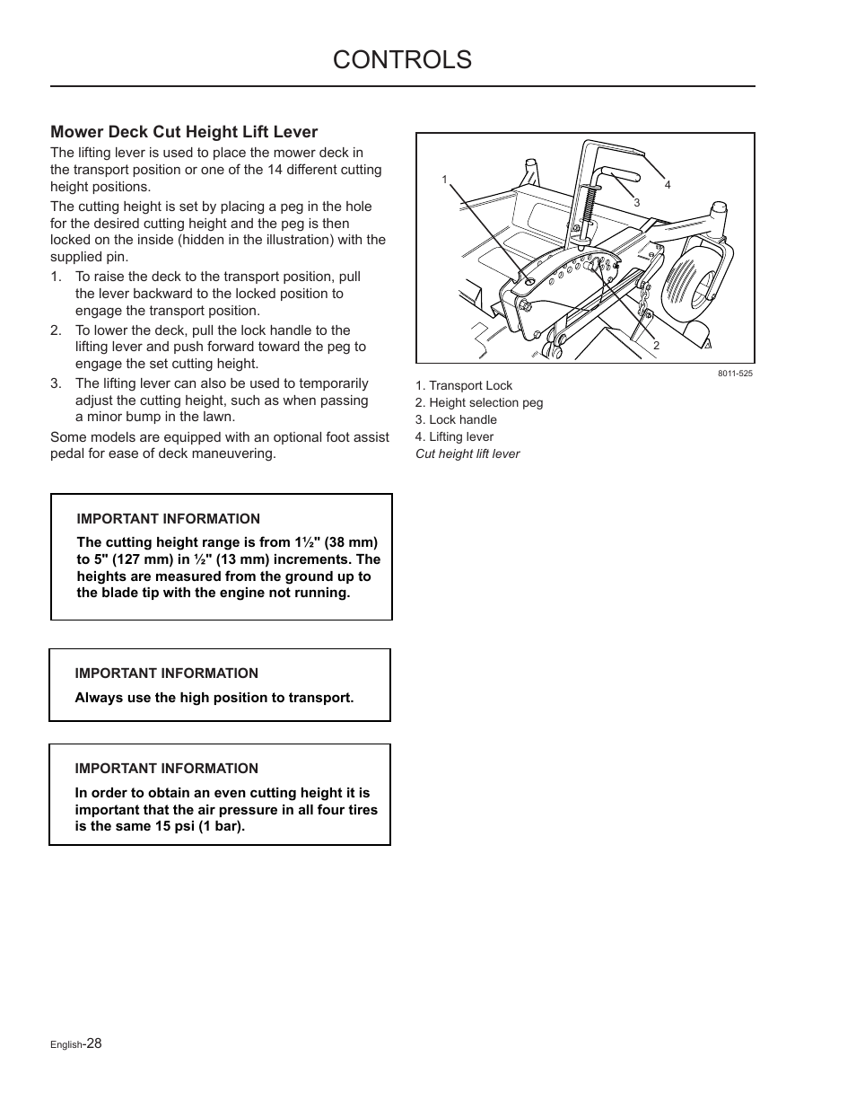 Mower deck cut height lift lever, Controls | Yazoo/Kees ZMKW48172 User Manual | Page 28 / 68