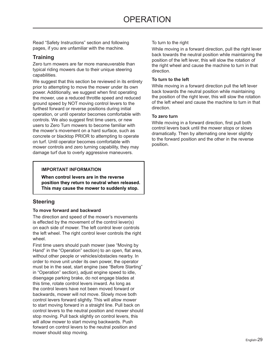 Operation, Training, Steering | Yazoo/Kees ZMKW48172 User Manual | Page 29 / 68