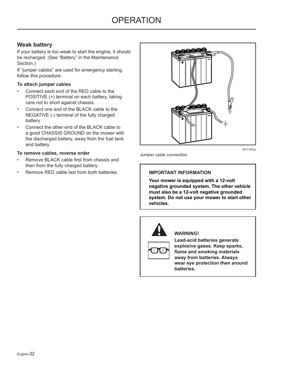 Weak battery, To attach jumper cables, Operation | Yazoo/Kees ZMKW48172 User Manual | Page 32 / 68