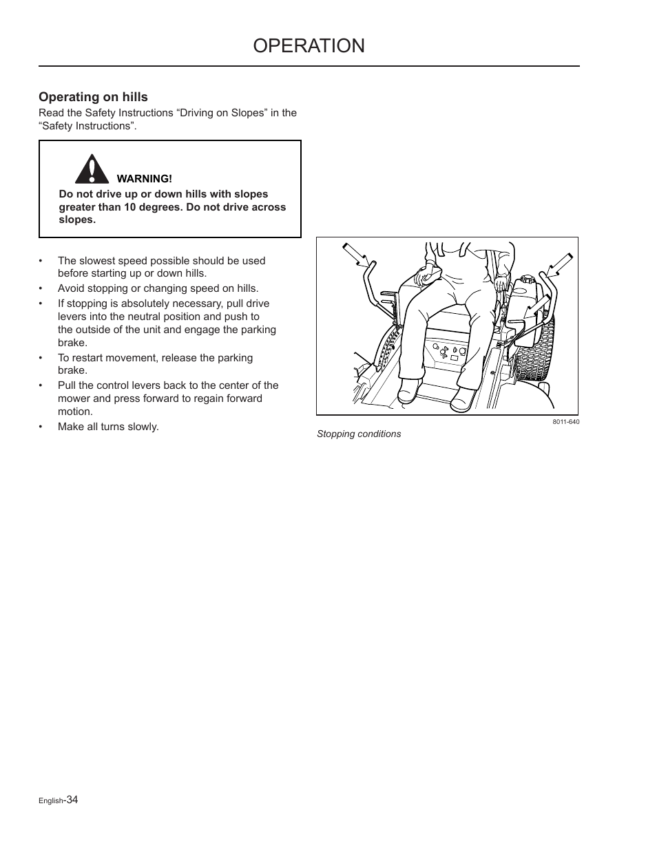 Operating on hills, Operation | Yazoo/Kees ZMKW48172 User Manual | Page 34 / 68