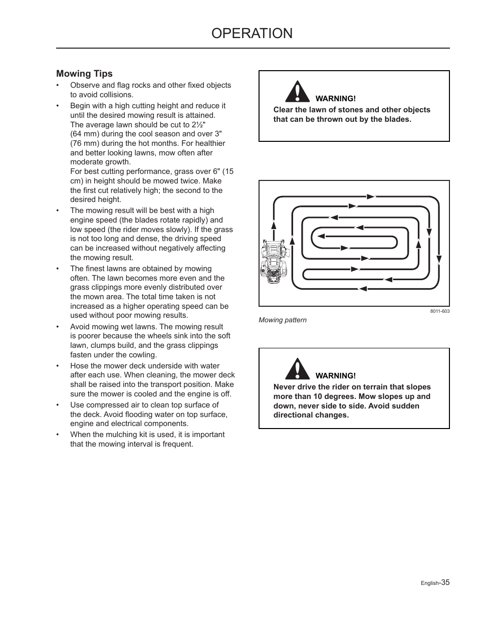 Mowing tips, Operation | Yazoo/Kees ZMKW48172 User Manual | Page 35 / 68