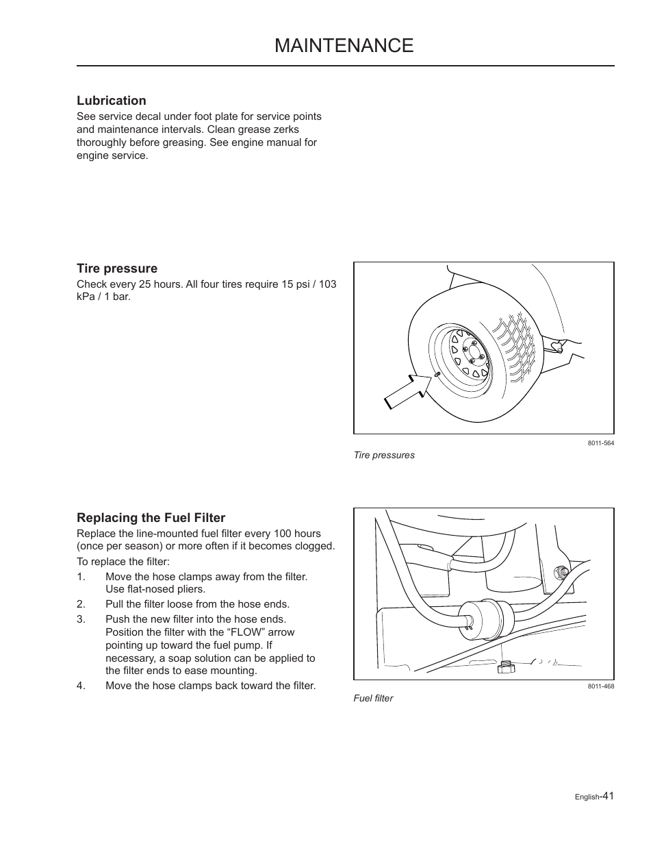 Lubrication, Tire pressure, Replacing the fuel filter | Maintenance | Yazoo/Kees ZMKW48172 User Manual | Page 41 / 68