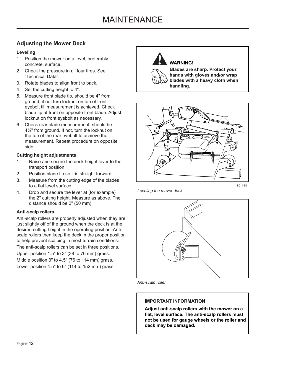 Adjusting the mower deck, Leveling, Cutting height adjustments | Anti-scalp rollers, Maintenance | Yazoo/Kees ZMKW48172 User Manual | Page 42 / 68