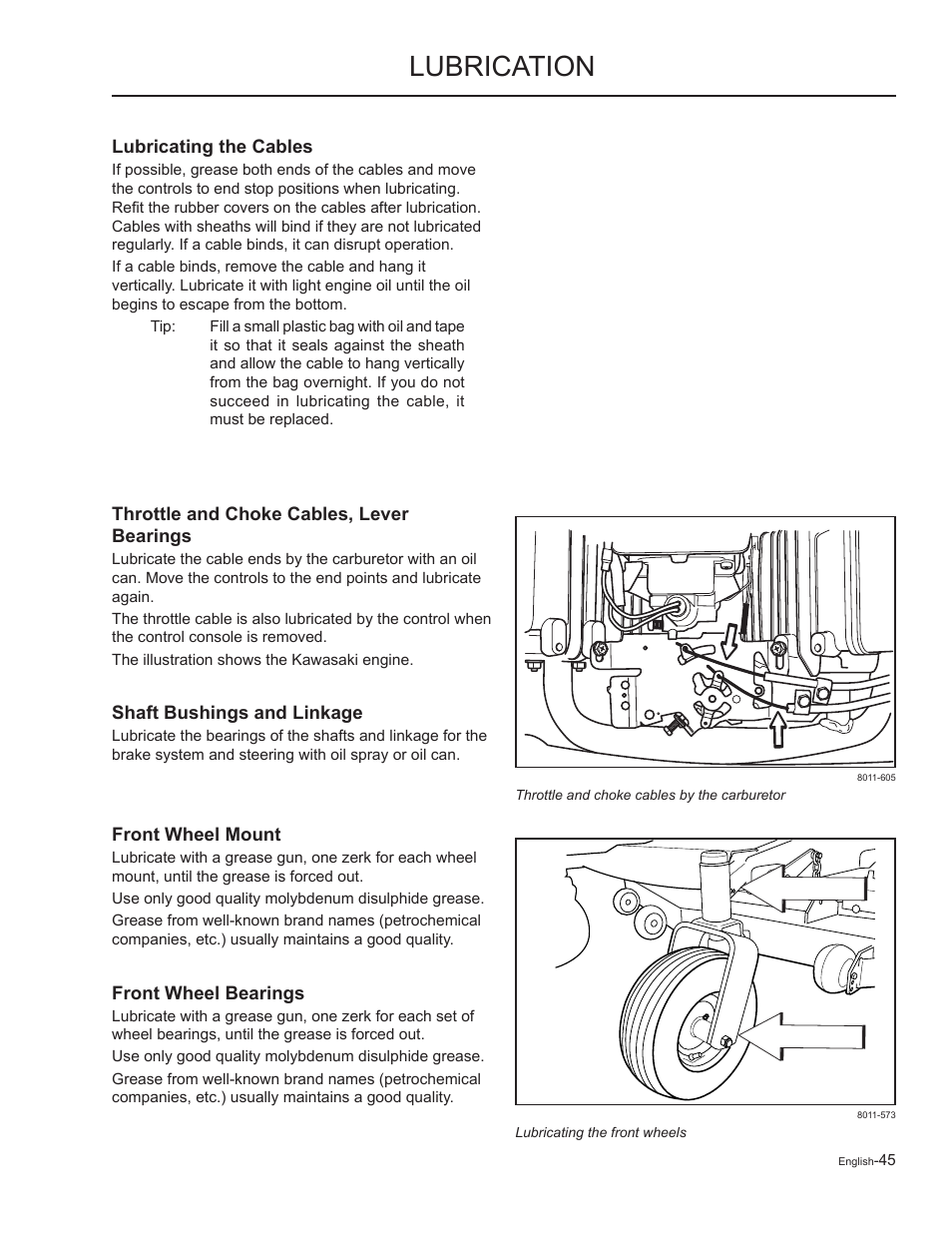 Lubricating the cables, Throttle and choke cables, lever bearings, Shaft bushings and linkage | Front wheel mount, Front wheel bearings, Lubrication | Yazoo/Kees ZMKW48172 User Manual | Page 45 / 68