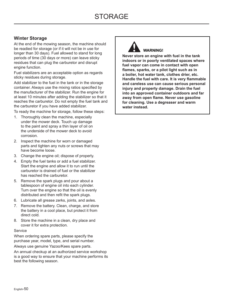 Storage, Winter storage | Yazoo/Kees ZMKW48172 User Manual | Page 50 / 68