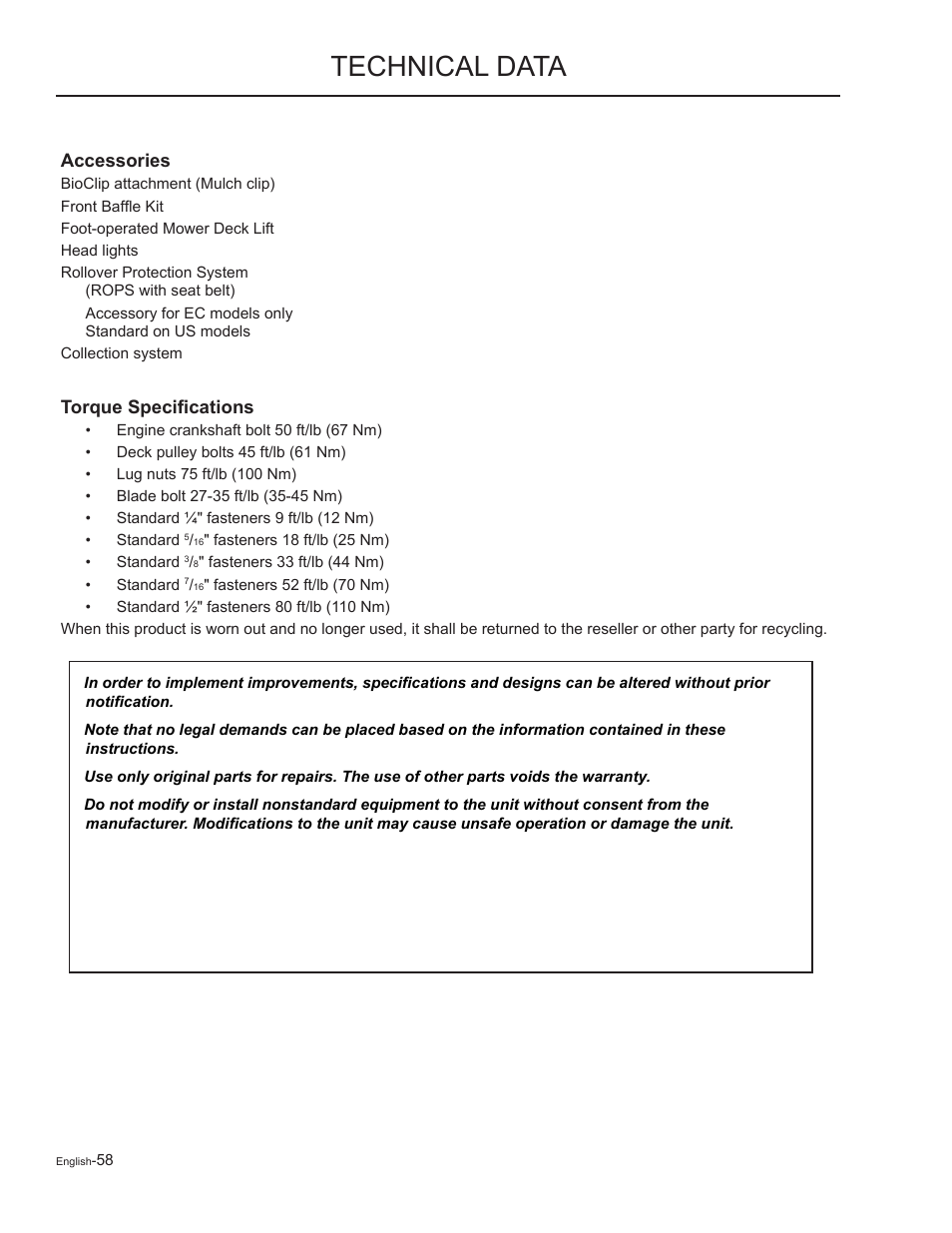 Accessories, Torque specifications, Technical data | Yazoo/Kees ZMKW48172 User Manual | Page 58 / 68