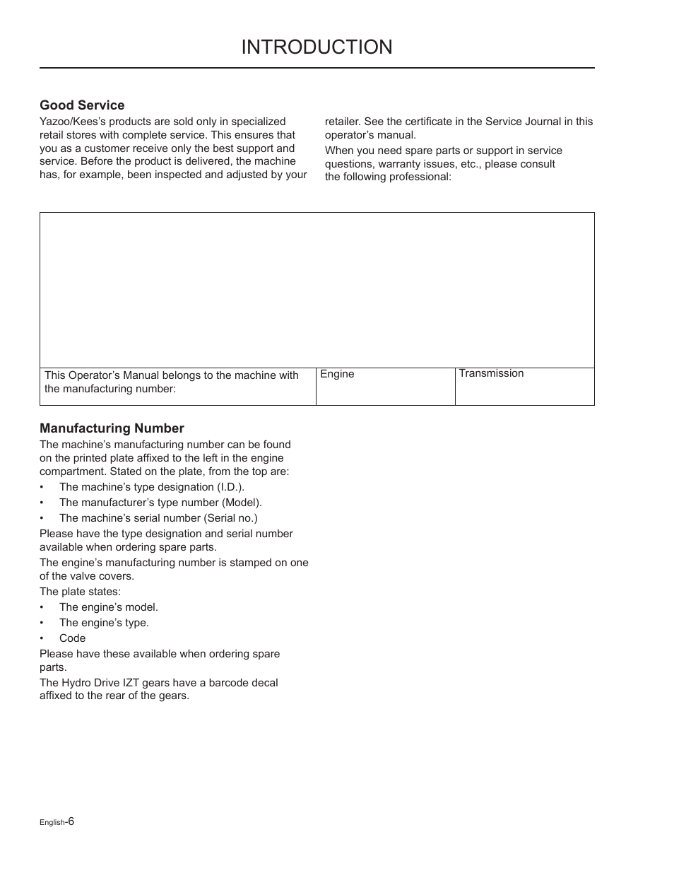 Good service, Manufacturing number, Introduction | Yazoo/Kees ZMKW48172 User Manual | Page 6 / 68