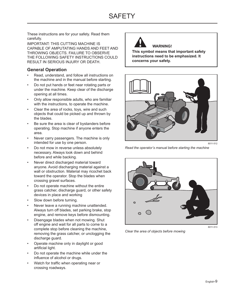 Safety, General operation | Yazoo/Kees ZMKW48172 User Manual | Page 9 / 68