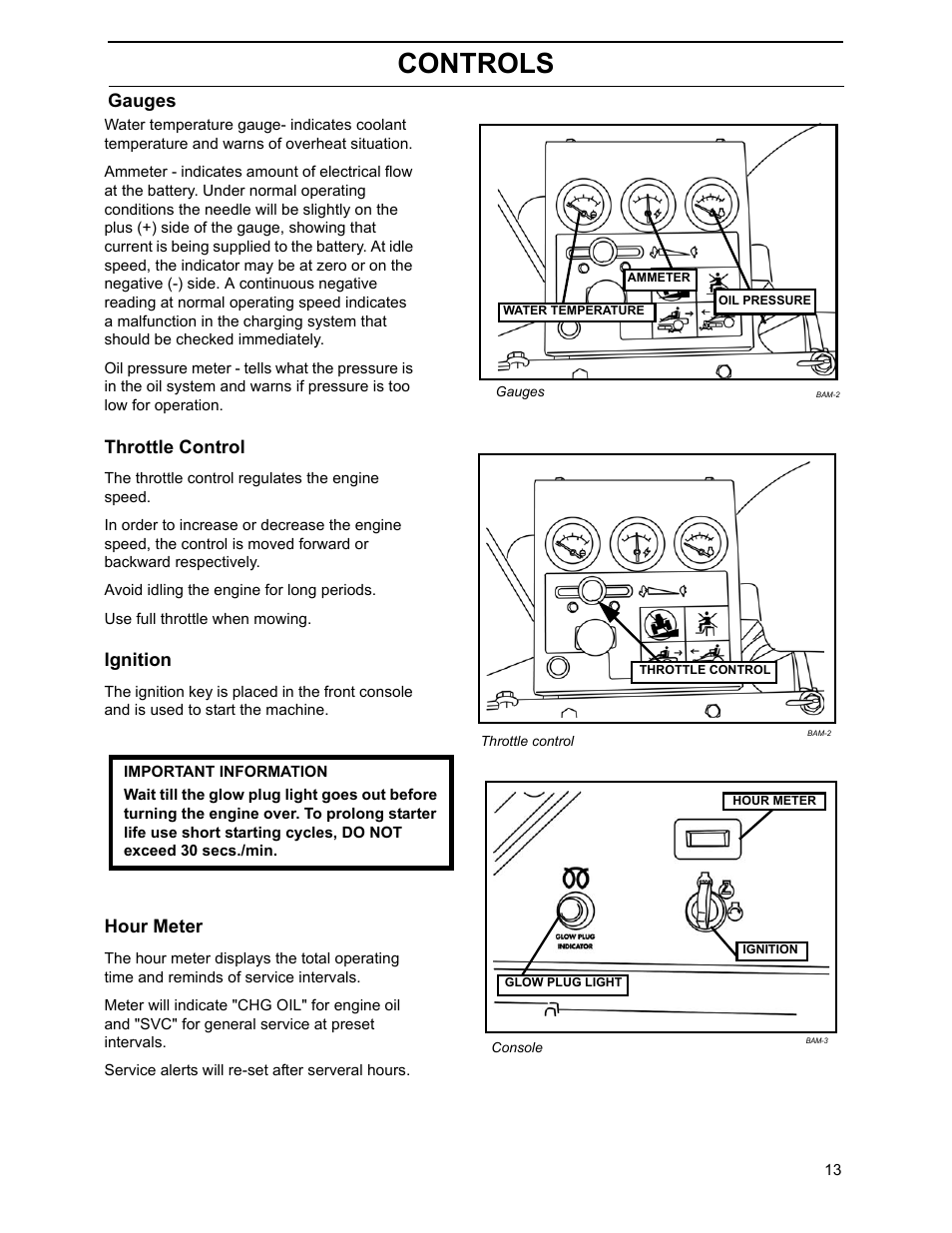 Gauges, Throttle control, Ignition | Hour meter, Controls | Yazoo/Kees ZHDD61270 User Manual | Page 15 / 64