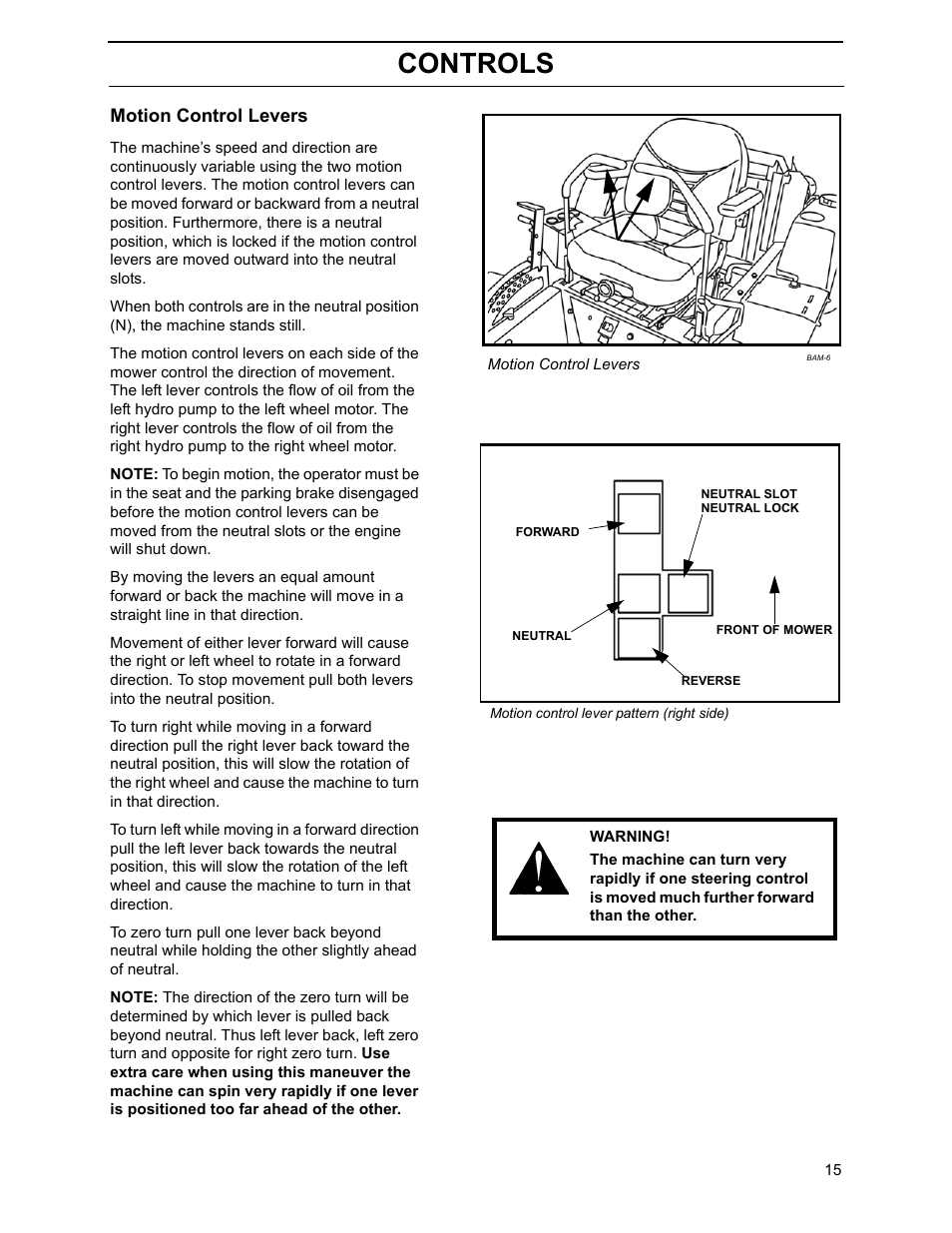 Motion control levers, Controls | Yazoo/Kees ZHDD61270 User Manual | Page 17 / 64