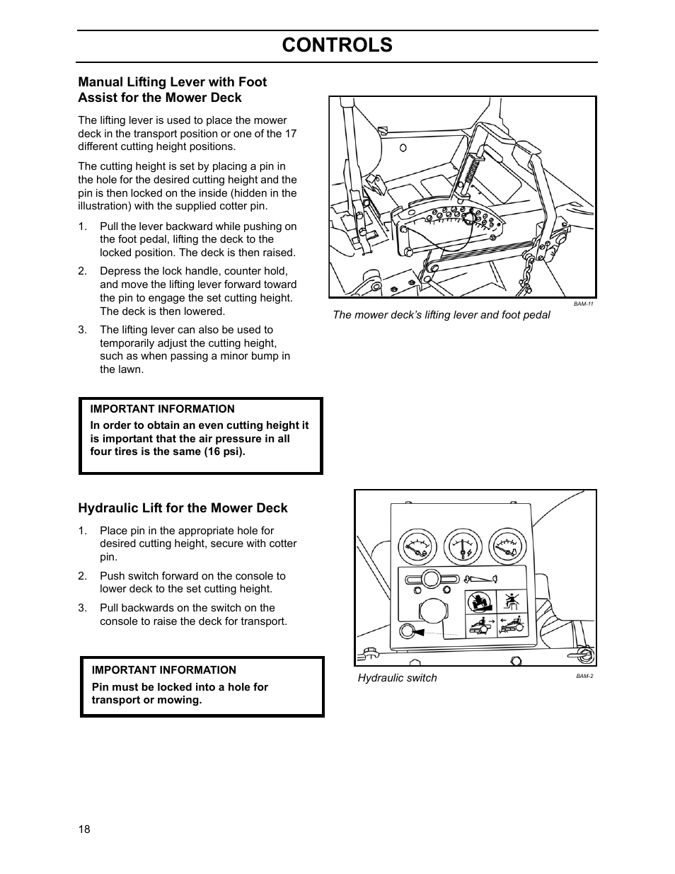 Hydraulic lift for the mower deck, Controls | Yazoo/Kees ZHDD61270 User Manual | Page 20 / 64