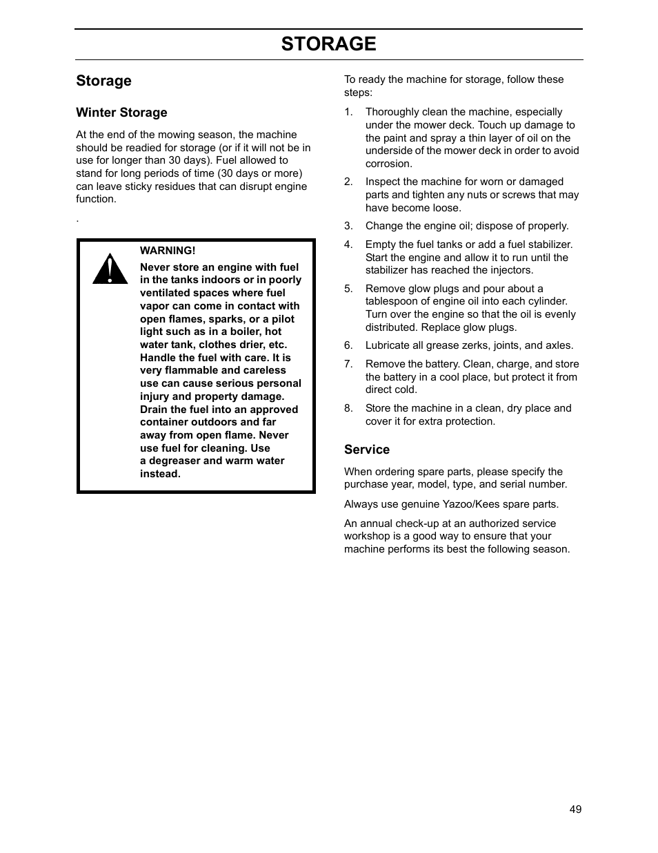 Storage, Winter storage, Service | Yazoo/Kees ZHDD61270 User Manual | Page 51 / 64