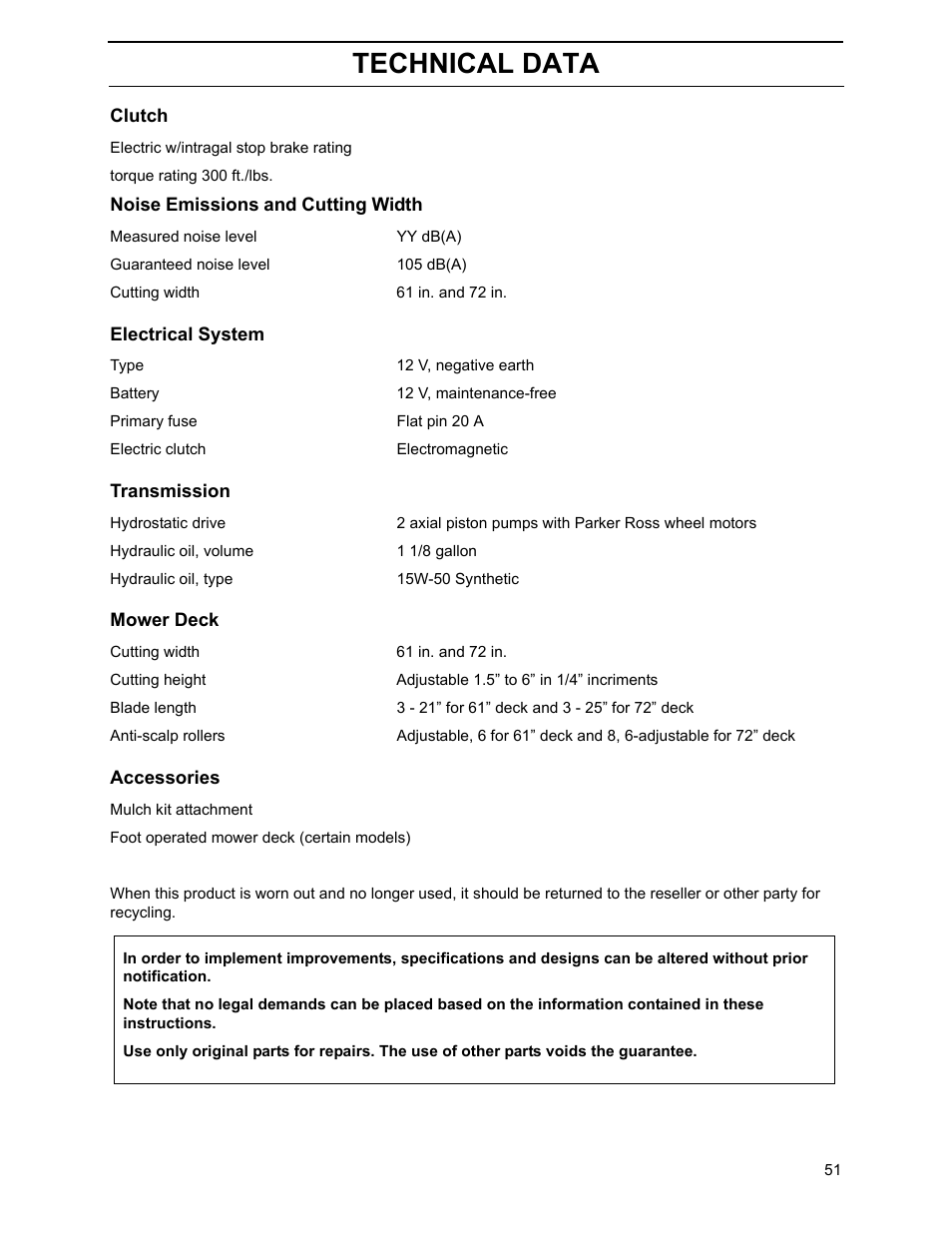Technical data | Yazoo/Kees ZHDD61270 User Manual | Page 53 / 64