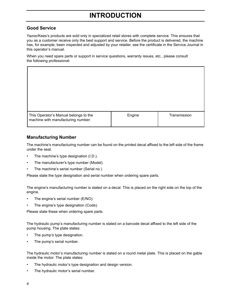 Good service, Manufacturing number, Introduction | Yazoo/Kees ZHDD61270 User Manual | Page 6 / 64