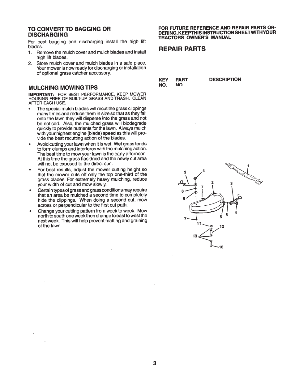 Mulching mowing tips, Repair parts | Yazoo/Kees Mulch Kit Consumer 48" User Manual | Page 3 / 3