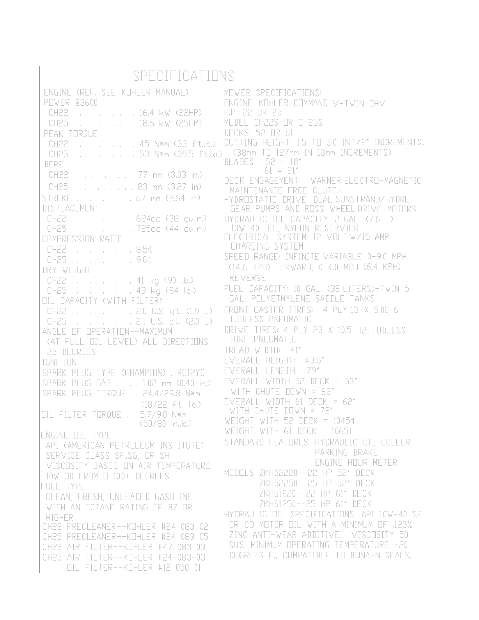 Specifications | Yazoo/Kees ZT MAX ZKH52221 User Manual | Page 14 / 19