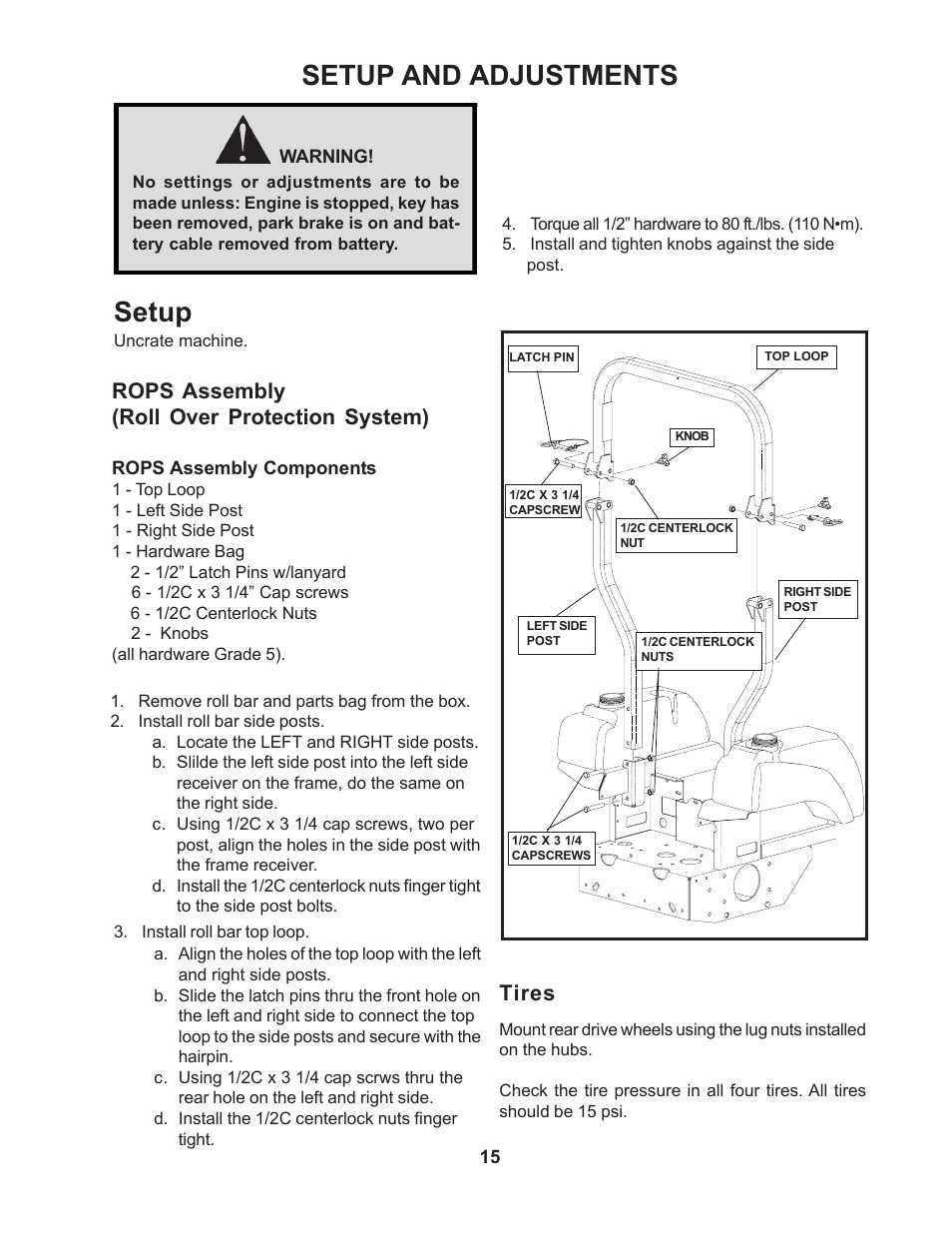 Setup and adjustments, Setup and adjustments setup, Rops assembly (roll over protection system) | Tires | Yazoo/Kees ZMKW48171  EN User Manual | Page 15 / 30