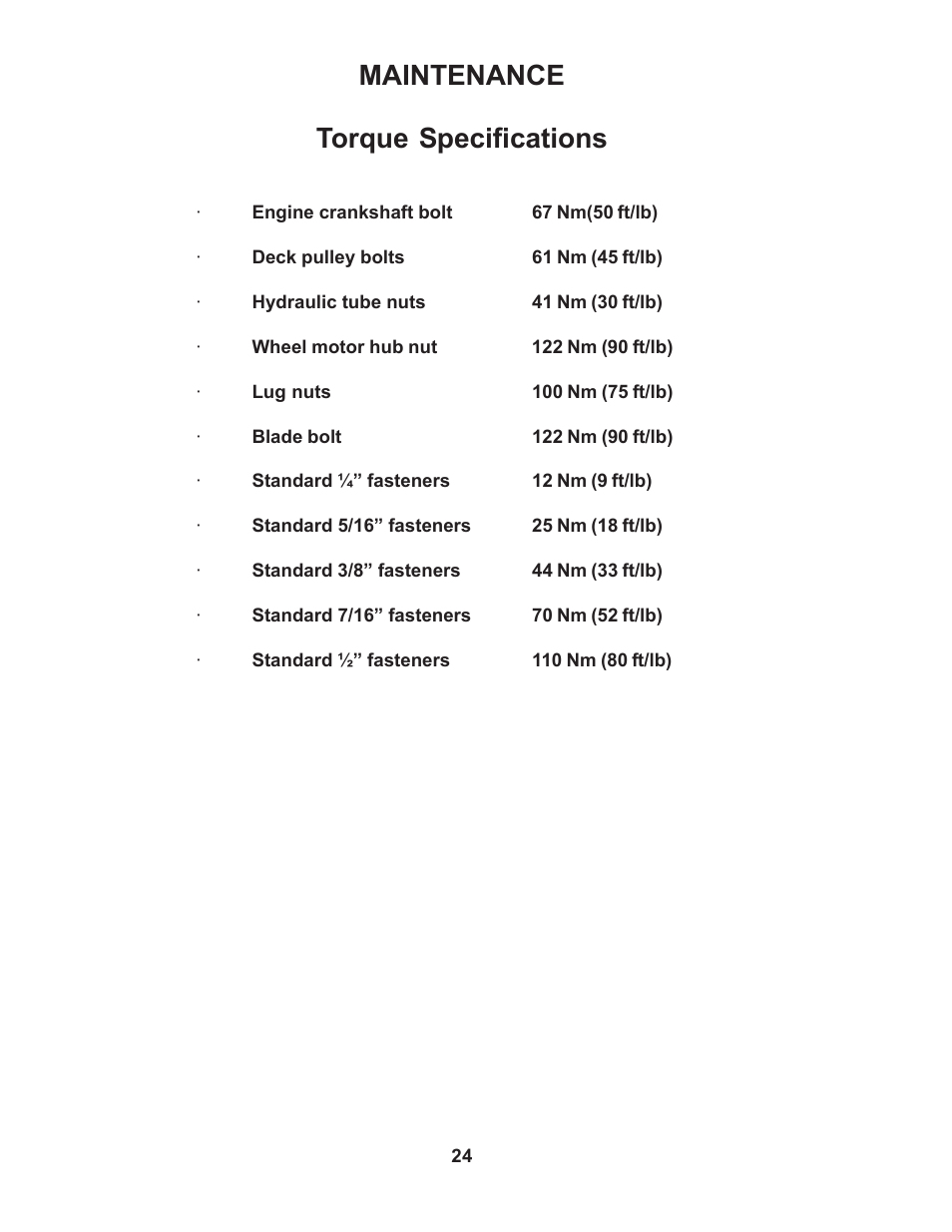 Torque specifications, Maintenance | Yazoo/Kees ZMKW48171  EN User Manual | Page 24 / 30