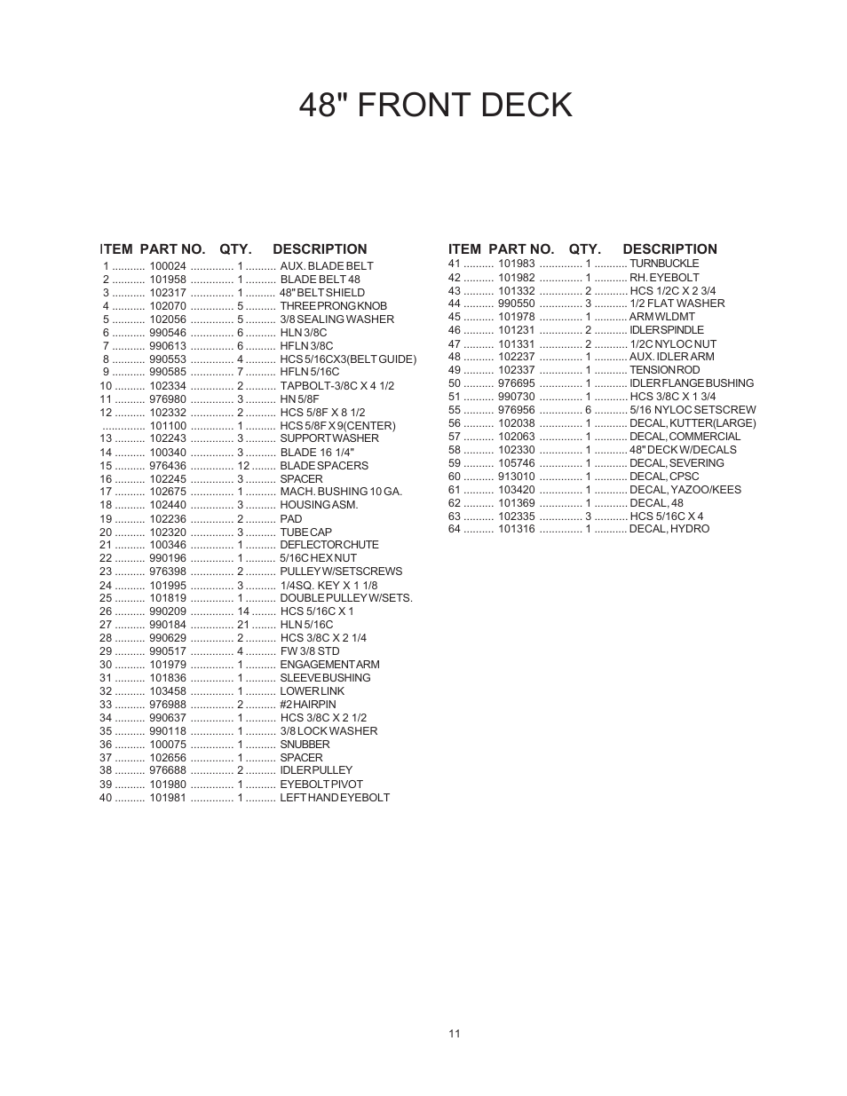 48" front deck | Yazoo/Kees KHKW48171 User Manual | Page 11 / 24