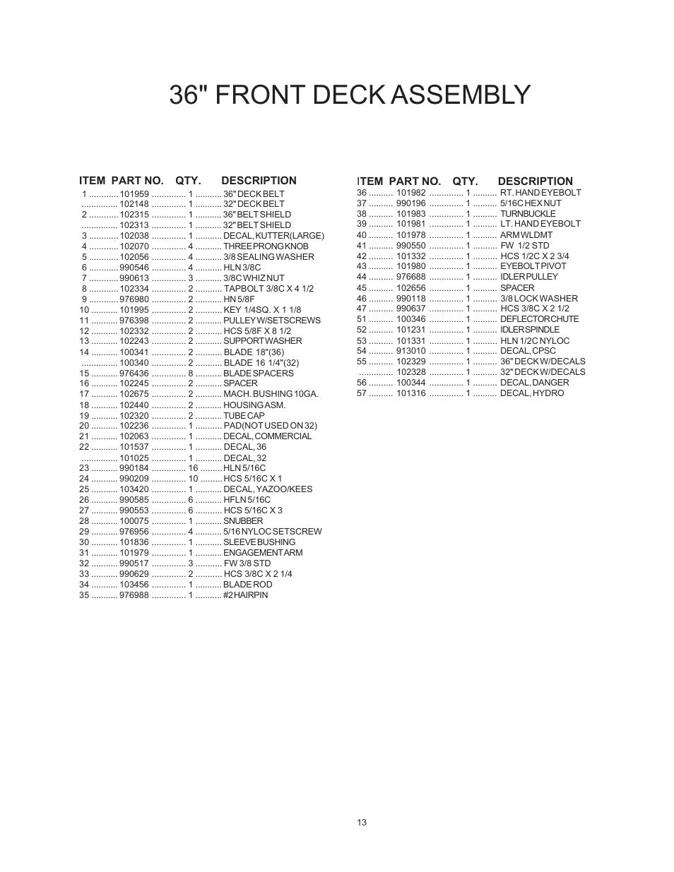 36" front deck assembly | Yazoo/Kees KHKW48171 User Manual | Page 13 / 24
