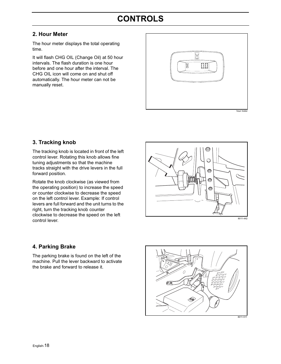 Controls, Hour meter, Tracking knob | Parking brake | Yazoo/Kees ZVKH61273  EN User Manual | Page 20 / 84