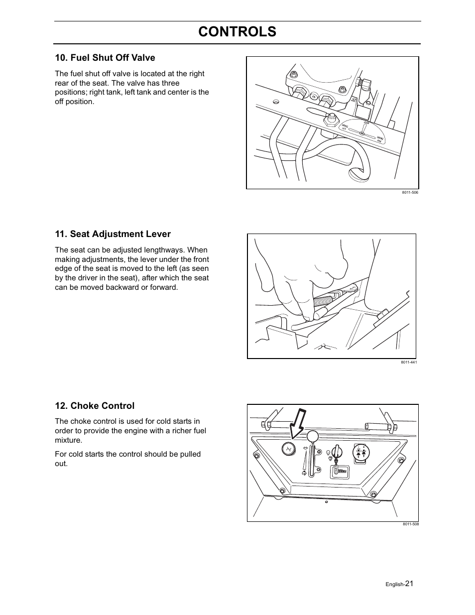 Controls, Fuel shut off valve, Seat adjustment lever | Choke control | Yazoo/Kees ZVKH61273  EN User Manual | Page 23 / 84