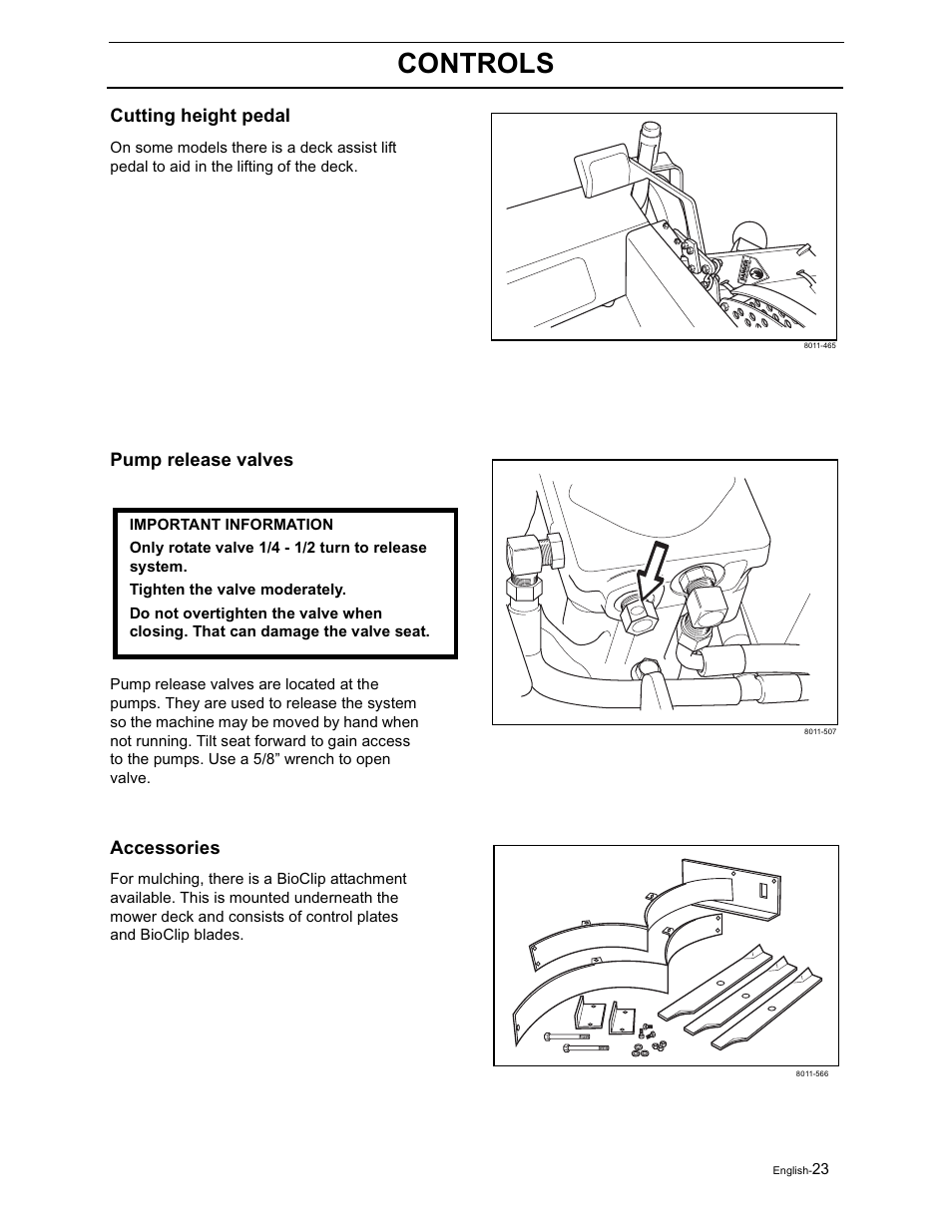 Controls, Cutting height pedal, Pump release valves | Accessories | Yazoo/Kees ZVKH61273  EN User Manual | Page 25 / 84