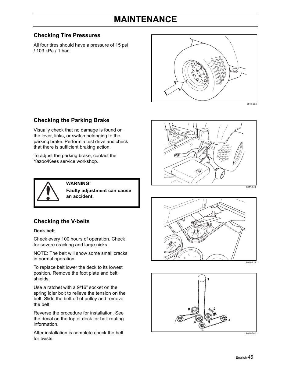 Maintenance, Checking tire pressures, Checking the parking brake | Checking the v-belts | Yazoo/Kees ZVKH61273  EN User Manual | Page 47 / 84