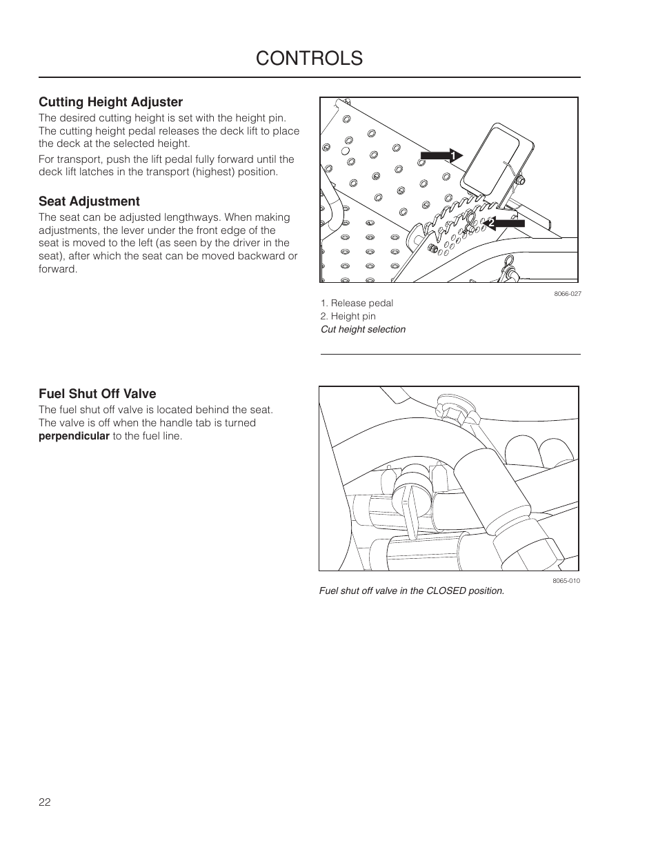 Cutting height adjuster, Fuel shut off valve, Controls | Yazoo/Kees ZMKW 5222 User Manual | Page 22 / 64