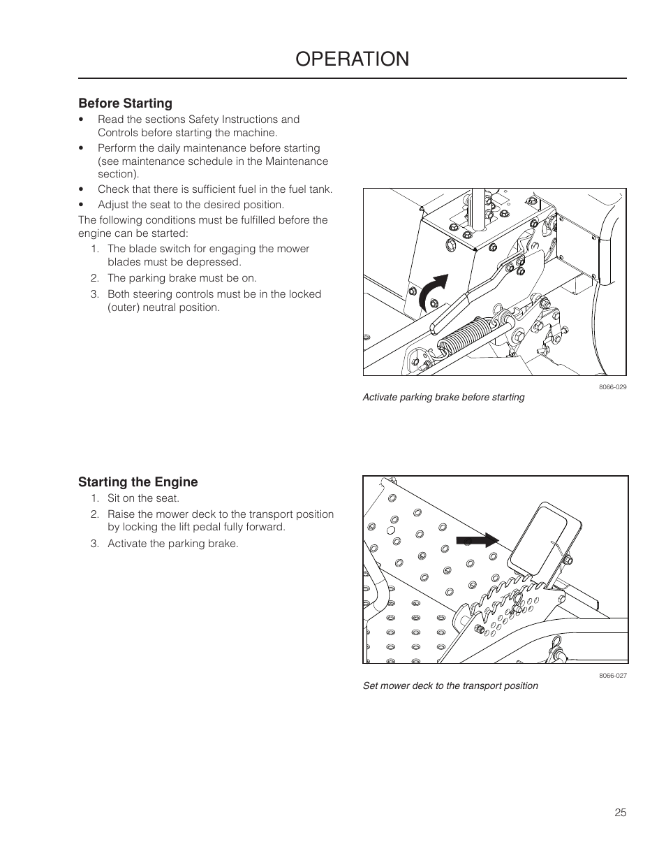 Before starting, Starting the engine, Operation | Yazoo/Kees ZMKW 5222 User Manual | Page 25 / 64