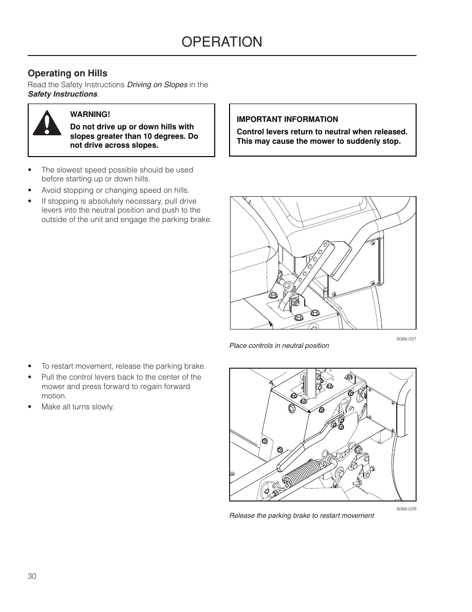Operating on hills, Operation | Yazoo/Kees ZMKW 5222 User Manual | Page 30 / 64